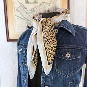 Vintage Elaine Gold Silk Scarf - Leopard Print & Palm Fronds - 26” Neckerchief
